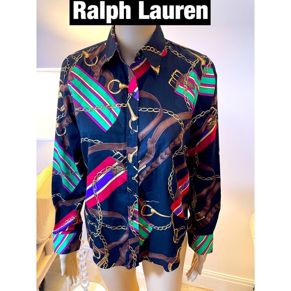 Ralph Lauren, Horsebit & Chain Button down Blouse Sz Petite Small - Picture 1 of 7